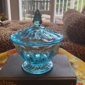 Used blue covered dish.